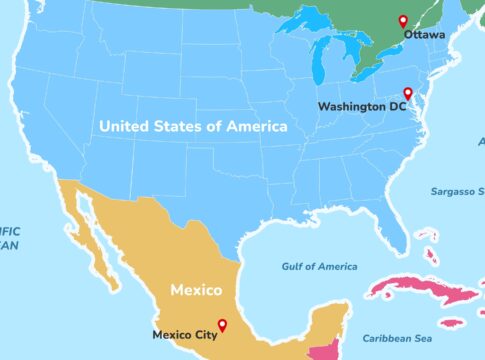 Map of North America with capitals marked