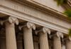 The Treasury Department building with columns and architectural details.