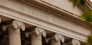 The Treasury Department building with columns and architectural details.