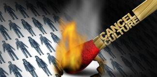 Burning match labeled Cancel Culture, igniting paper people.