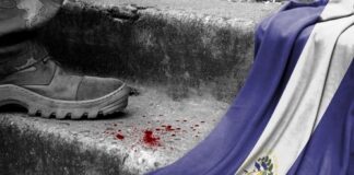 Boot, blood, and El Salvador flag on steps.