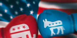 Red and blue gloves with Republican and Democratic symbols.