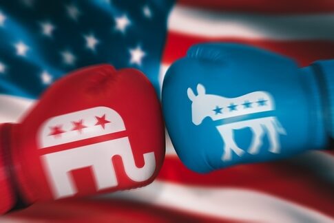 Red and blue gloves with Republican and Democratic symbols.