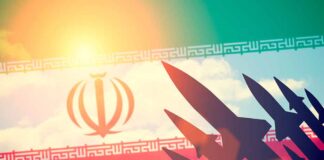 Iran flag with missile silhouettes.
