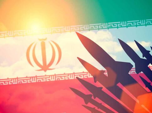 Iran flag with missile silhouettes.