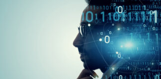 Silhouette with binary code and network connections overlay.