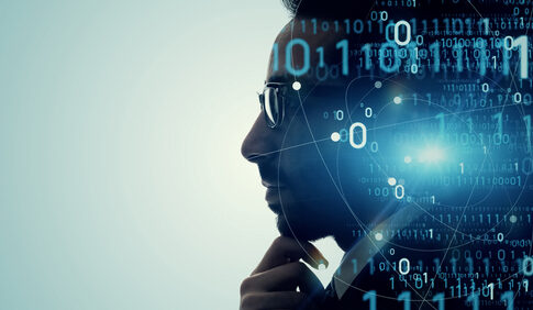 Silhouette with binary code and network connections overlay.