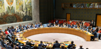 UN Security Council meeting in session, multiple representatives attending.
