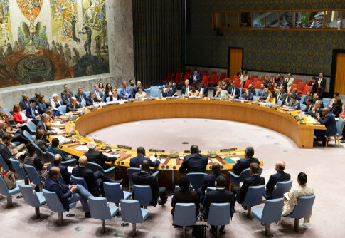 UN Security Council meeting in session, multiple representatives attending.