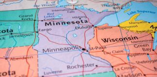 Map showing Minnesota and Wisconsin regions with major cities.