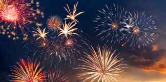 Colorful fireworks display against a darkening evening sky.