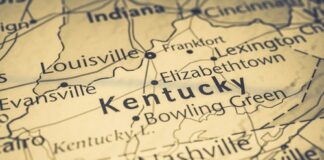 Map of Kentucky highlighting major cities and neighboring states.