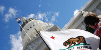 California state flag in front of Sacramento Capitol building.