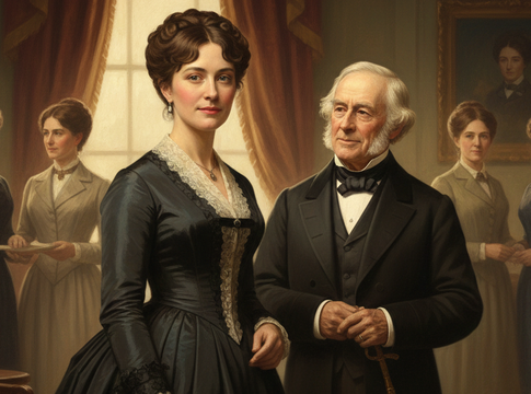 A historical portrait featuring a woman in a black dress and a man in formal attire, surrounded by women in the background