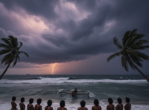 Group of individuals in traditional attire watching a fisherman at sea during a storm