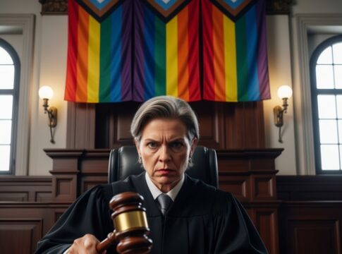 A female judge in a courtroom holding a gavel with rainbow flags in the background