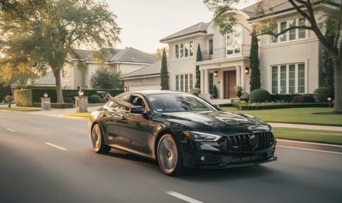 A sleek black luxury car driving past elegant homes on a sunny street