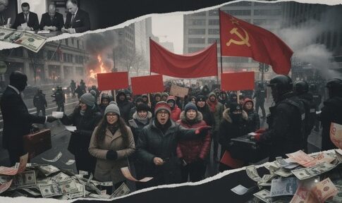 A group of protesters holding red flags and signs during a demonstration