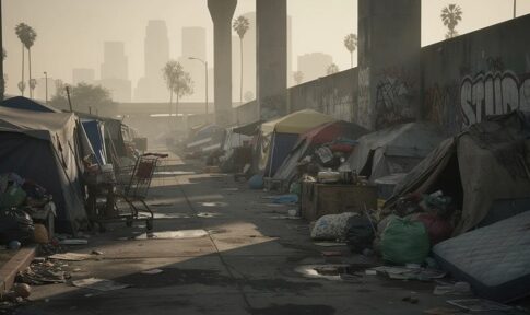 A homeless encampment with tents and debris in an urban setting
