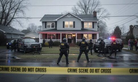 FBI agents at a crime scene outside a house with police vehicles and caution tape
