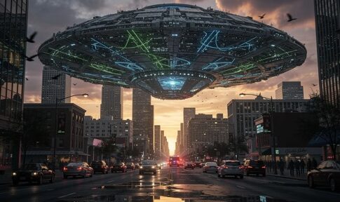 A large UFO hovering above a city street during sunset