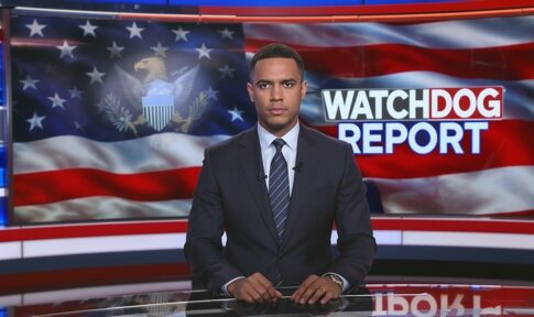 News anchor presenting a report in front of an American flag backdrop