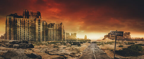A desolate landscape featuring abandoned buildings under a dramatic sky