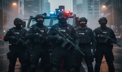 A SWAT team in tactical gear standing in front of an armored vehicle
