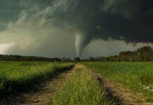 Twin Tornadoes RIP Through Oklahoma Farmland—CAPTURED LIVE…. A tornado forming in a rural landscape under dark storm clouds