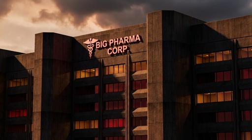 shutterstock_2715729427.jpg Exterior view of a corporate pharmaceutical building at dusk
