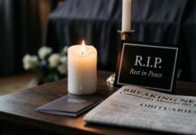 Storage Wars Legend GONE—Heartbreaking Final Day Mystery… A candle and memorial card on a table with a newspaper featuring obituaries
