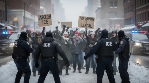 Streets,Of,Cold,Minnesota,Protesers,Getting,Aggresive,With,Ice,Agents Protesters holding signs against ICE in a snowy urban setting